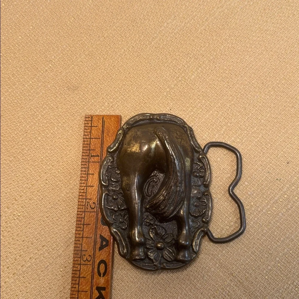 Vintage Western Horseback Flower Chrome Metal Belt Buckle No. 4078 Kitschy